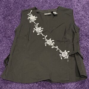 New York & Company Black wrap around tank Top with White Floral Design